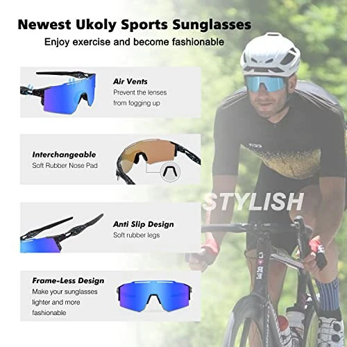 Ukoly Cycling Sunglasses for Men Women with 3 Interchangeable Lenses, Polarized Sports Sunglasses, Baseball Sunglasses - 5