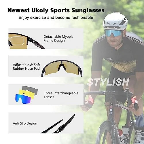 Ukoly Cycling Sunglasses for Men Women with 3 Interchangeable Lenses, Polarized Sports Sunglasses, Baseball Sunglasses - 4