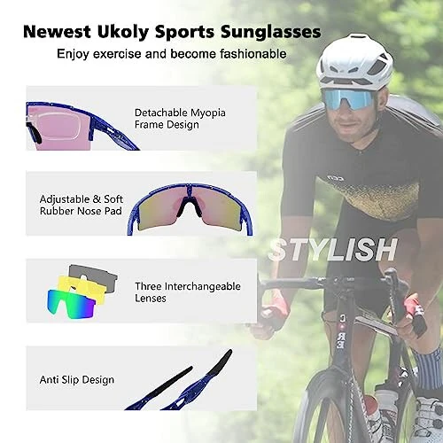 Ukoly Cycling Sunglasses for Men Women with 3 Interchangeable Lenses, Polarized Sports Sunglasses, Baseball Sunglasses - 4