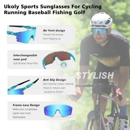 Ukoly Cycling Sunglasses for Men Women with 3 Interchangeable Lenses, Polarized Sports Sunglasses, Baseball Sunglasses - 4