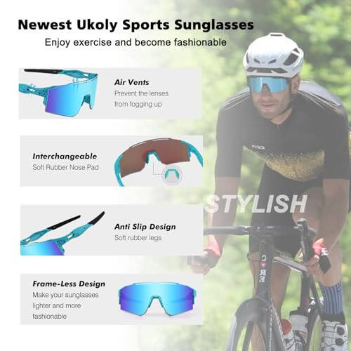 Ukoly Cycling Sunglasses for Men Women with 3 Interchangeable Lenses, Polarized Sports Sunglasses, Baseball Sunglasses - 3