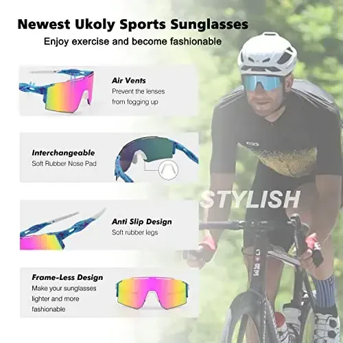 Ukoly Cycling Sunglasses for Men Women with 3 Interchangeable Lenses, Polarized Sports Sunglasses, Baseball Sunglasses - 4