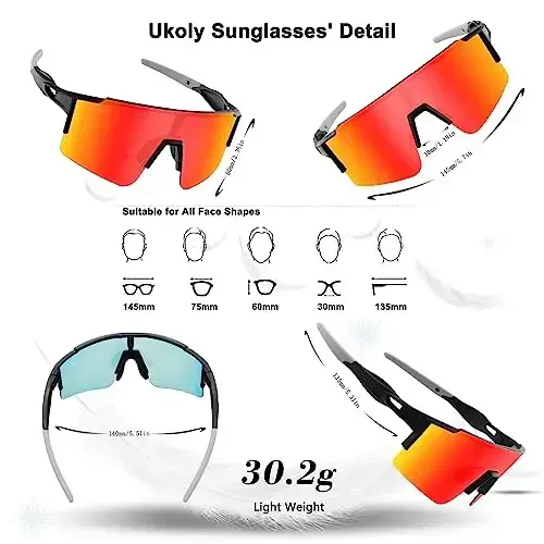Ukoly Cycling Sunglasses for Men Women with 3 Interchangeable Lenses, Polarized Sports Sunglasses, Baseball Sunglasses - 2