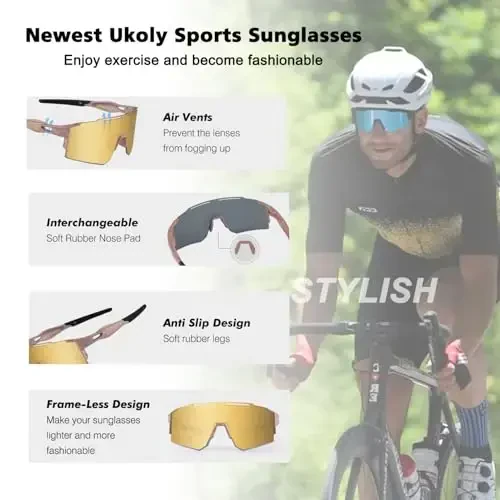 Ukoly Cycling Sunglasses for Men Women with 3 Interchangeable Lenses, Polarized Sports Sunglasses, Baseball Sunglasses - 4
