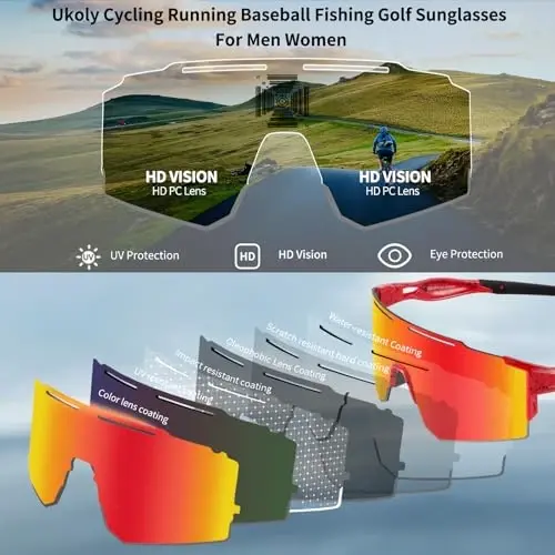 Ukoly Cycling Sunglasses for Men Women with 3 Interchangeable Lenses, Polarized Sports Sunglasses, Baseball Sunglasses - 3