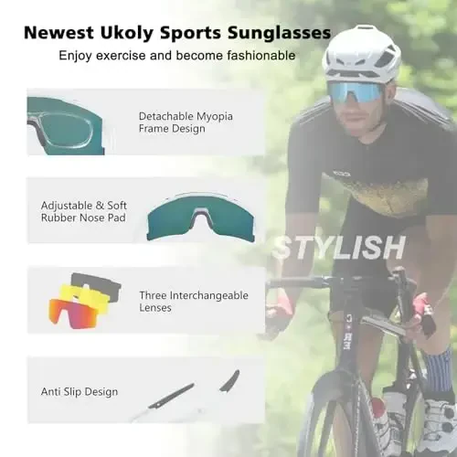 Ukoly Cycling Sunglasses for Men Women with 3 Interchangeable Lenses, Polarized Sports Sunglasses, Baseball Sunglasses - 4