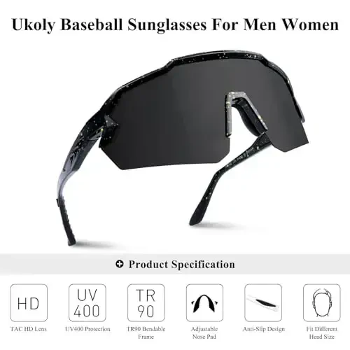 Ukoly erkaklar va ayollar uchun beysbol quyoshdan saqlaydigan ko'zoynaklar, beysbol yugurish velosipedda UV400 himoyasi TR90 ramka 615 uchun sport quyoshdan saqlaydigan ko'zoynaklar - 3