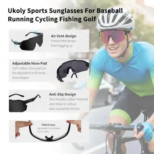 Ukoly Sport Sunglasses for Men Women,HD PC Lens UV400 Protection | Sun Glasses for Running Cycling Baseball Fishing Golf Hiking,Non-slip Rubber Legs Lightweight Design u615 - 6