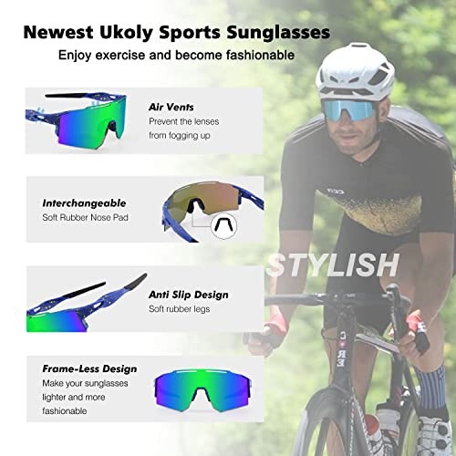 Ukoly Cycling Sunglasses for Men Women with 3 Interchangeable Lenses, Polarized Sports Sunglasses, Baseball Sunglasses - 4