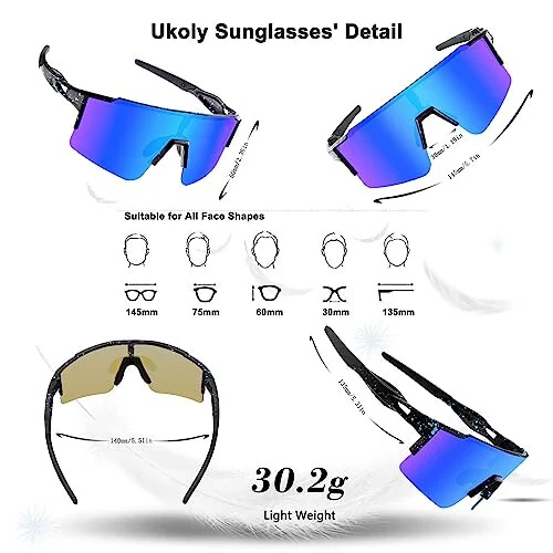 Ukoly Cycling Sunglasses for Men Women with 3 Interchangeable Lenses, Polarized Sports Sunglasses, Baseball Sunglasses - 2