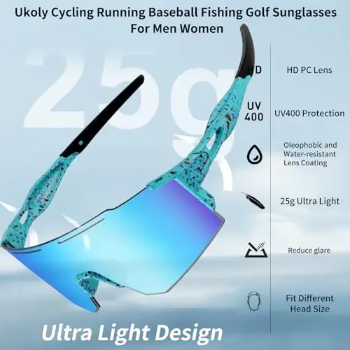 Ukoly Sport Sunglasses for Men and Women,HD PC Lens UV400 Protection | Sun Glasses for Running Cycling Baseball Fishing Golf Hiking,with 1 Lens or 3 Interchangeable Lens 