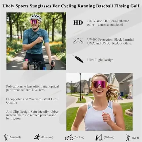 Ukoly Sport Sunglasses for Men and Women,HD PC Lens UV400 Protection | Sun Glasses for Running Cycling Baseball Fishing Golf Hiking,with 1 Lens or 3 Interchangeable Lens 