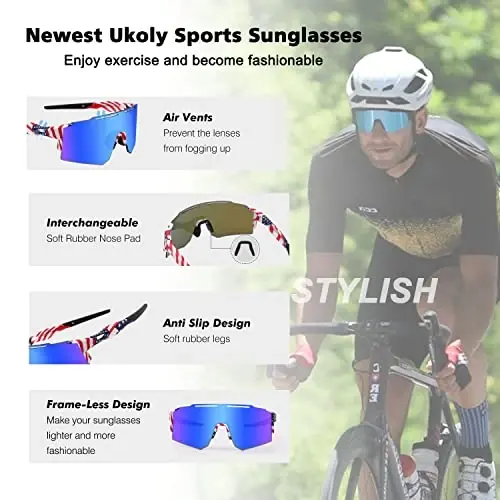Ukoly Velosiped ko'zoynaklari erkaklar va ayollar uchun 3 ta o'zgaruvchan linzalar bilan, Polarizatsiyalangan sport ko'zoynaklari, Beysbol ko'zoynaklari - 4
