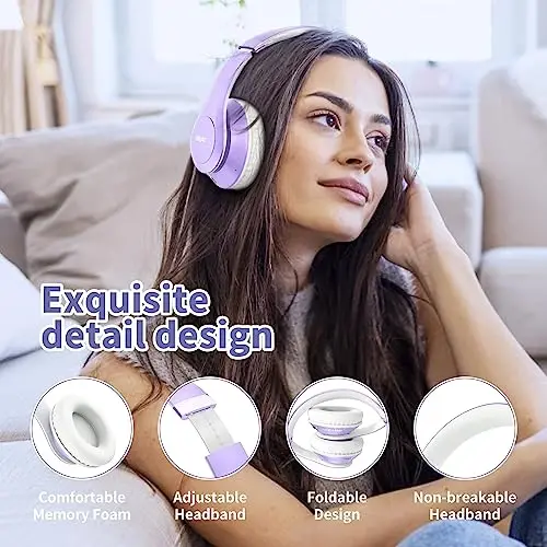 Uliptz Wireless Bluetooth Headphones, 65H Playtime, 6EQ Sound Modes, HiFi Stereo Over Ear Headphones with Microphone, Foldable Bluetooth 5.3 Headphone for Travel/Office/Cellphone/PC (Purple) - 4