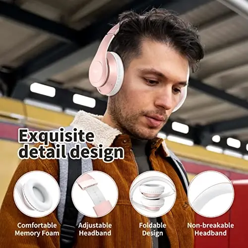 Uliptz Wireless Bluetooth Headphones, 65H Playtime, 6EQ Sound Modes, HiFi Stereo Over Ear Headphones with Microphone, Foldable Bluetooth 6.0 Headphone for Travel/Office/Cellphone/PC (Rose Gold) - 4