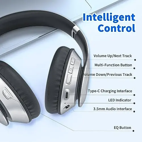 Uliptz Simsiz Bluetooth Eshitish vositasi, 65 soat ijro etish vaqti, 6 EQ ovoz rejimi, mikrofonli HiFi Stereo quloqchin, buklanadigan yengil Bluetooth 5.3 eshitish vositasi (kumush) - 6