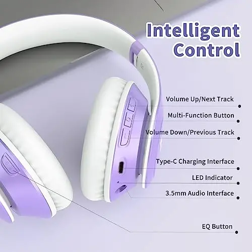 Uliptz Simsiz Bluetooth Quloqchinlar, 65 Soat Ijro Vaqti, 6EQ Ovoz Rejimi, Mikrofonli HiFi Stereo Quloqchinlar, Sayohat/Ofis/Mobil telefon/Kompyuter uchun Buklanadigan Bluetooth 5.3 Quloqchin (Binafsha) - 6