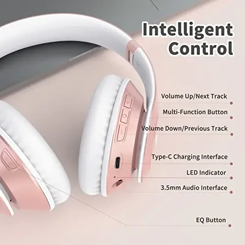 Uliptz simsiz Bluetooth quloqchinlari, 65 soatlik tinglash vaqti, 6EQ ovoz rejimi, mikrofonli HiFi stereo quloqchinlar, buklanadigan Bluetooth 5.3 quloqchinlari Sayohat/Ofis/Mobil telefon/Kompyuter uchun (atirgul oltin) - 6