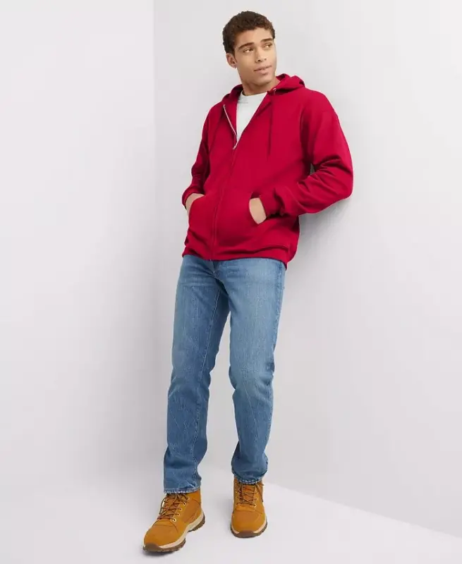 Ultimate Men's Full-Zip Og'ir vaznli Polar Hoodie-Qizil - HANES