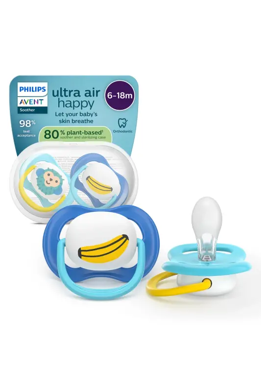 Ultra Air Emzik 6-18 Ay, Erkek, Ortodontik, Yumuşak Silikon Uçlu, BPA İçermez, Taşıma ve Hijyen Kutulu, 2'li Paket, SCF080/26 - Maymun - 1