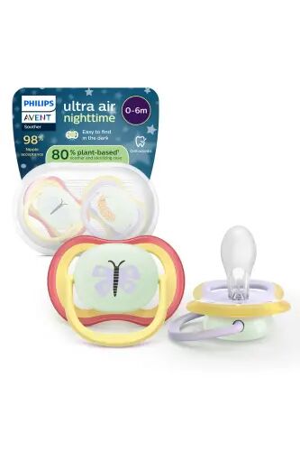Ultra Air Gece Emziği, 0-6 Ay, Kız, Karanlıkta Parlayan, OrtodontikYumuşak Silikon Uçlu, BPA İçermez, Hijyen Kutulu, 2'li, SCF376/25 - Gece Kelebeği - 1