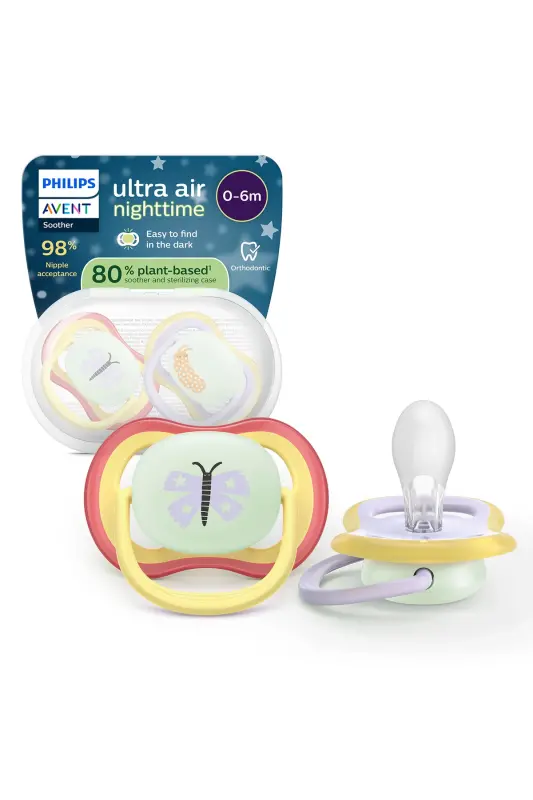 Ultra Air Gece Emziği, 0-6 Ay, Kız, Karanlıkta Parlayan, OrtodontikYumuşak Silikon Uçlu, BPA İçermez, Hijyen Kutulu, 2'li, SCF376/25 - Gece Kelebeği - 1