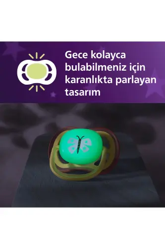 Ultra Air Gece Emziği, 0-6 Ay, Kız, Karanlıkta Parlayan, OrtodontikYumuşak Silikon Uçlu, BPA İçermez, Hijyen Kutulu, 2'li, SCF376/25 - Gece Kelebeği - 4