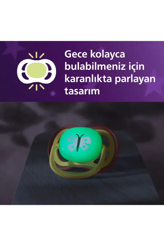 Ultra Air Gece Emziği, 0-6 Ay, Kız, Karanlıkta Parlayan, OrtodontikYumuşak Silikon Uçlu, BPA İçermez, Hijyen Kutulu, 2'li, SCF376/25 - Gece Kelebeği - 4