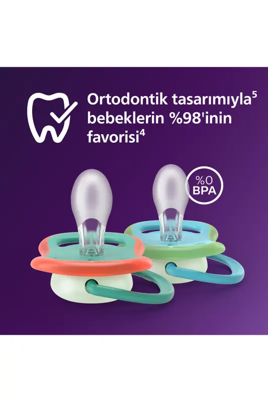 Ultra Air Gece Emziği, 6-18 Ay, Erkek, Karanlıkta Parlayan, OrtodontikYumuşak Silikon Uçlu, BPA İçermez, Hijyen Kutulu, 2'li, SCF376/28 - Bukalemun - 2