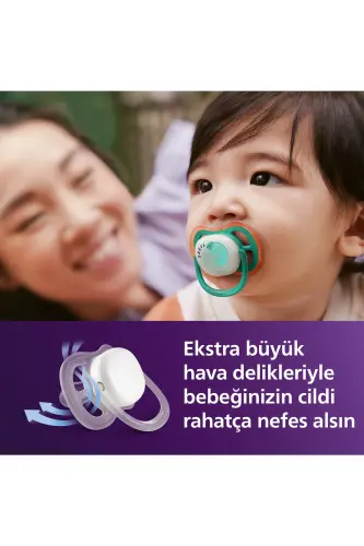 Ultra Air Gece Emziği, 6-18 Ay, Erkek, Karanlıkta Parlayan, OrtodontikYumuşak Silikon Uçlu, BPA İçermez, Hijyen Kutulu, 2'li, SCF376/28 - Bukalemun - 6
