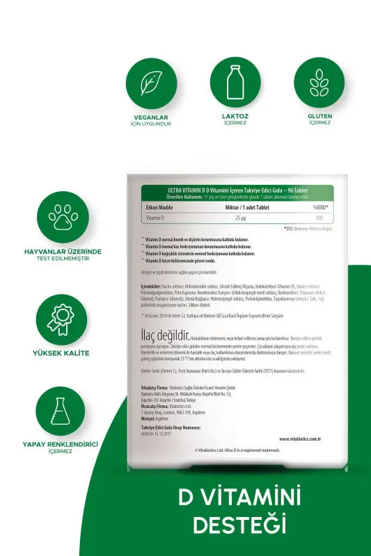 Ultra Vitamin D 1000 IU D3 Vitamini İçeren Takviye Edici Gıda 96 Tablet - 2