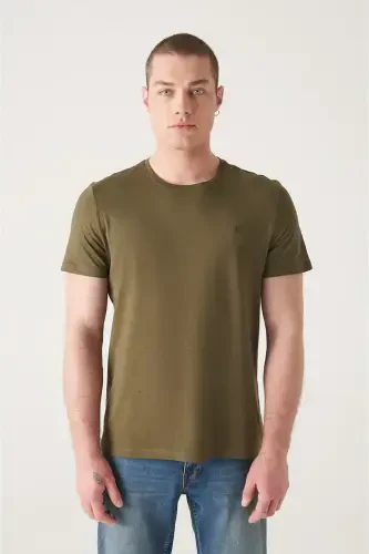Ultra-soft, crew neck, regular fit, khaki modal men's t-shirt. - 1