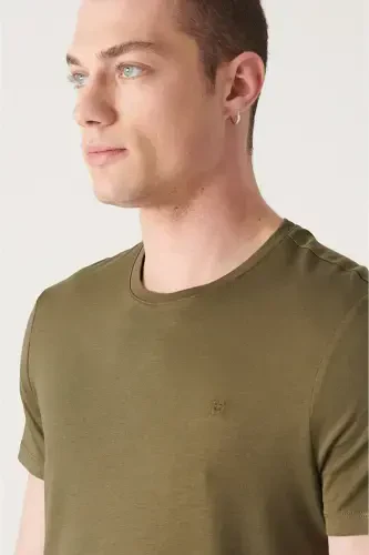 Ultra-soft, crew neck, regular fit, khaki modal men's t-shirt. - AVVA (1)