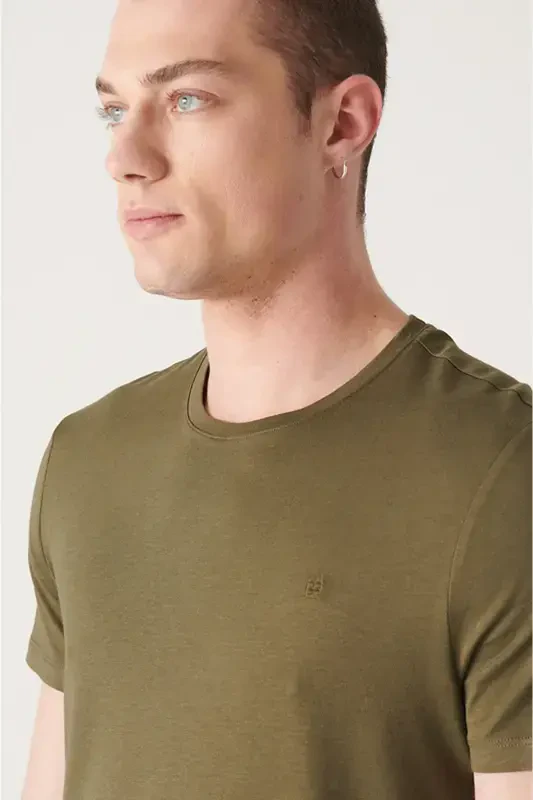 Ultra-soft, crew neck, regular fit, khaki modal men's t-shirt. - 2