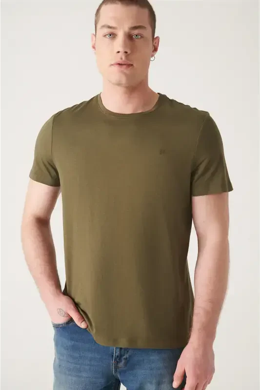 Ultra-soft, crew neck, regular fit, khaki modal men's t-shirt. - 3