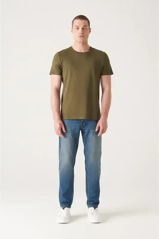 Ultra-soft, crew neck, regular fit, khaki modal men's t-shirt. - 5