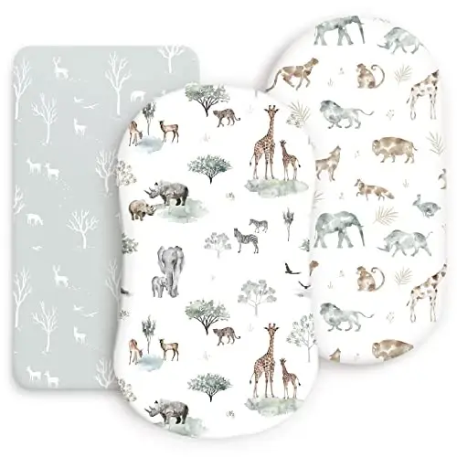 Ultra Soft Fitted Bassinet choyshablar 3 dona, chaqaloq beshik uchun universal, Muso savati Oval to'rtburchak matras xavfsiz va qulay, chaqaloq uchun zamonaviy Bassinet matras choyshablari, yoqimli hayvonlar bosmasi 