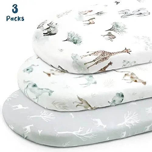 Ultra Soft Fitted Bassinet choyshablar 3 dona, chaqaloq beshik uchun universal, Muso savati Oval to'rtburchak matras xavfsiz va qulay, chaqaloq uchun zamonaviy Bassinet matras choyshablari, yoqimli hayvonlar bosmasi - ULTRA (1)