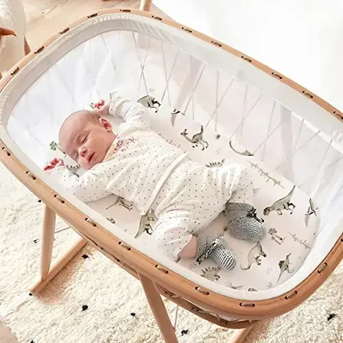 Ultra Yumshoq Cho'ziluvchan Jersi Trikotajli O'rnatilgan Bassinet Prokladkalari 3 Paket, Kichkintoy Beshik Muso Savati Oval To'rtburchak Matras uchun Universal O'rnatilgan Xavfsiz va Qulay, O'g'il bola uchun Bassinet Prokladkalari, Dinozavr Nashri - 4