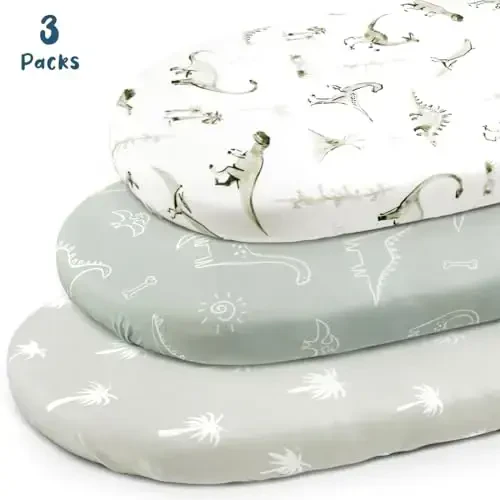 Ultra Yumshoq Cho'ziluvchan Jersi Trikotajli O'rnatilgan Bassinet Prokladkalari 3 Paket, Kichkintoy Beshik Muso Savati Oval To'rtburchak Matras uchun Universal O'rnatilgan Xavfsiz va Qulay, O'g'il bola uchun Bassinet Prokladkalari, Dinozavr Nashri - 5