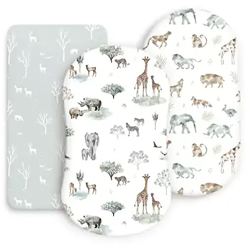 Ultra Soft Fitted Bassinet Sheets 3 Pack, Universal Fitted for.Baby Cradle Moses Basket Oval Rectangle Mattress Safe and Snug, Stylish Bassinet Mattress Sheets for Baby, Cute Animals Print 