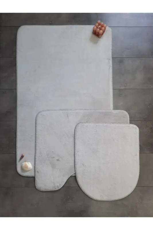 Ultrasoft Düz Gümüş Gri 3’lü Banyo Paspası Halısı Seti Kaymaz Tabanlı Yıkanabilir Klozet Takımı - Gümüş Gri - 1