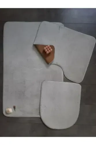 Ultrasoft Düz Gümüş Gri 3’lü Banyo Paspası Halısı Seti Kaymaz Tabanlı Yıkanabilir Klozet Takımı-Gümüş Gri - BONNY HOME (1)