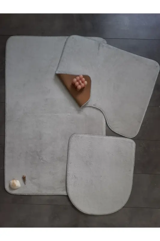 Ultrasoft Düz Gümüş Gri 3’lü Banyo Paspası Halısı Seti Kaymaz Tabanlı Yıkanabilir Klozet Takımı - Gümüş Gri - 2
