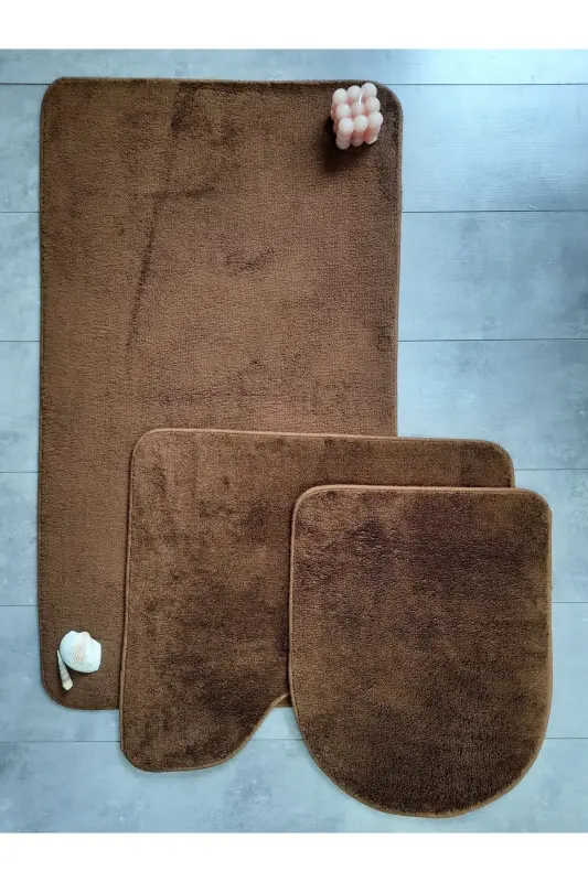 Ultrasoft Düz Kahve 3’lü Banyo Halısı Paspası Seti Kaymaz Deri Tabanlı Yıkanabilir Klozet Takımı-Kahve - BONNY HOME