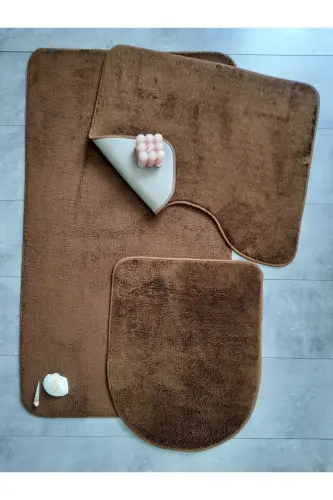 Ultrasoft Düz Kahve 3’lü Banyo Halısı Paspası Seti Kaymaz Deri Tabanlı Yıkanabilir Klozet Takımı-Kahve - BONNY HOME (1)
