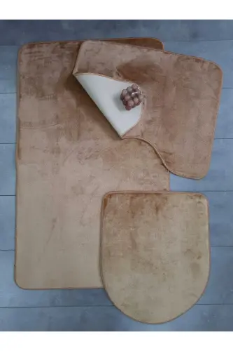 Ultrasoft Düz Kapuçino 3’lü Banyo Halısı Paspası Seti Kaymaz Deri Tabanlı Yıkanabilir Klozet Takımı-Kapuçino 