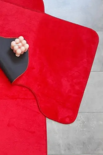 Ultrasoft Düz Kırmızı 3’lü Banyo Halısı Paspası Seti Kaymaz Deri Tabanlı Yıkanabilir Klozet Takımı-Kırmızı - 5