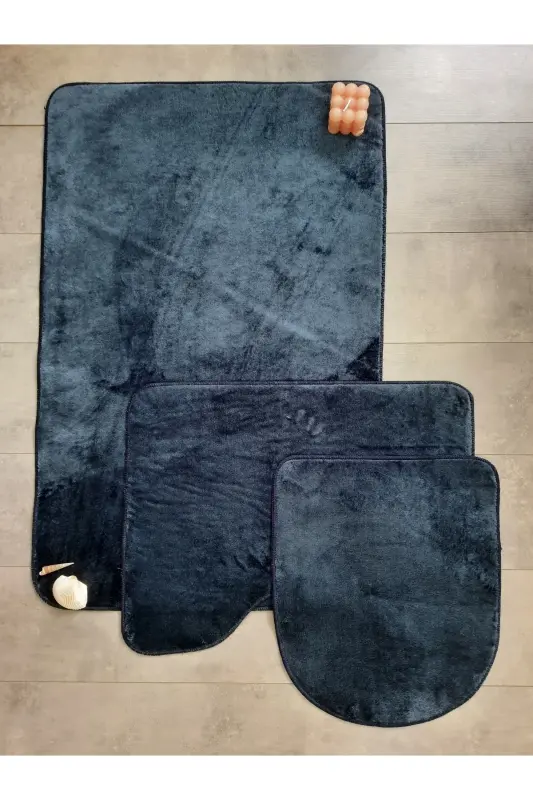 Ultrasoft Düz Lacivert 3’lü Banyo Halısı Paspası Seti Kaymaz Deri Tabanlı Yıkanabilir Klozet Takımı-Lacivert - 1
