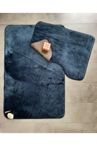 Ultrasoft Düz Lacivert 3’lü Banyo Halısı Paspası Seti Kaymaz Deri Tabanlı Yıkanabilir Klozet Takımı-Lacivert - 2